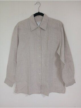 Liz Claiborne Lizsport Beige 100% Linen Button-Up Shirt Medium  Casual